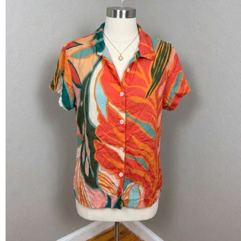 Vitamin A | Multicolor Tropical Short Sleeve Linen Blend Button Up Top Sz S